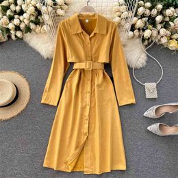 Office Lady Fake Two-Piece Shirt Dresses Turn-down Single-Breasted Nipped Waist Slim Fit Chic Long-Sleeved Female Dress PL477 210506