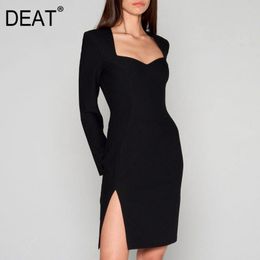 DEAT Women Black Asymmetrical Zipper Split Fork High Dress New Square Neck Long Sleeve Slim Fit Fashion Tide Summer 7E0393 210428