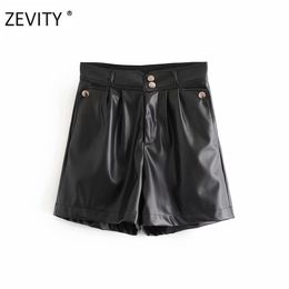 women fashion buttons PU Leather Shorts ladies pockets chic zipper fly casual slim shorts pantalone cortos P923 210420