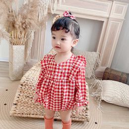 Baby Girl Korean Rompers Infant Plaid Romper born Flower Embroidery Bodysuit Summer Children First Birthday Outfit 210615