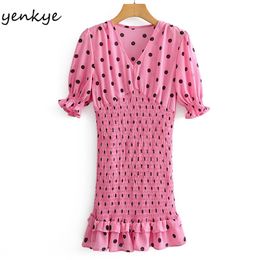 Summer Women Vintage Polka Dot Elastic Dress Female V Neck Short Sleeve Mini Ruffle Holiday Vestido 210514