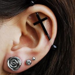 industrial ear barbells UK - Stud 14G Cross Industrial Barbell Piercing Heart Earring Straigh Bar Cartilage Ear Barbells Body Jewelry Pircing Ring