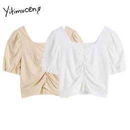 Yitimuceng Ruched Blouse Women Shirts Straight Puff Sleeve Square Collar White Light Yellow Summer Korean Fashion Tops 210601