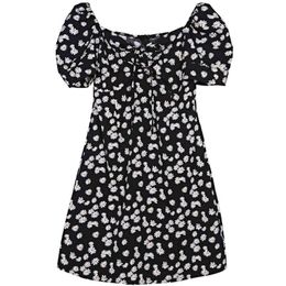 Women Daisy Black Flower Print Square Collar Short Sleeve A Line Mini Dress Summer Beach Female D2649 210514