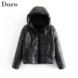 Winter Fashion PU Leather Black Coat Women Hooded Thicken Warm Jacket Long Sleeve Zipper Parkas Lady Outerwear Veste Femme 210515