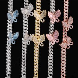 Blau Rosa Cuban Link Schmetterling Choker Halskette Kette Kristall Strass Halsketten für Frauen Gold Kragen Großhandel 210330