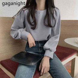 Elegant O-Neck Long Sleeve Blue Shirt Office Ladies Top Solid Puff Womens Blouses Korean Vintage Female Blusas 210601