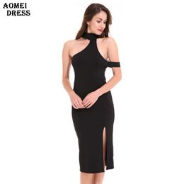 Women's Black Sexy Slim Bodycon Slit Dress Halter Girls Tight Sheath Clubwear Evening Party Robe Knee Length Pencil Dresses 210416