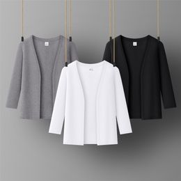 Women cotton cuasual coat Lady office jacket V-NECK Three Quarter Sleeve all match women tops 211029