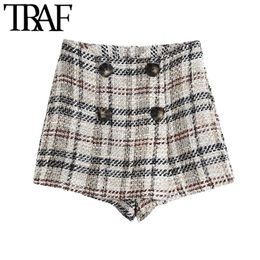 TRAF Women Chic Fashion With Buttons Check Tweed Shorts Skirts Vintage High Waist Back Zipper Female Skort Mujer 210415
