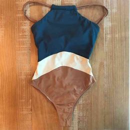 Patchwork Swimsuit Swimwear High Neck Bodysuit Bathing Suit Women Beach Wear Monokini 210520