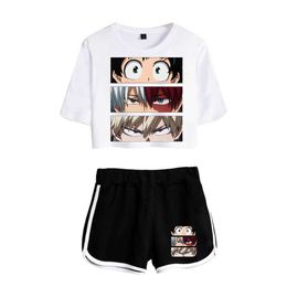 Hot Cute Print My hero academia Exposed Navel White T-shirt+Black Shorts Women's two-piece Sets Casual Girl's Summer Suits Y0702