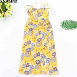 women Chic Yellow Floral Print Side Slit strap dress Ruffles vestidos Vintage Dresses Fashion Sleeveless summer Dress 210520