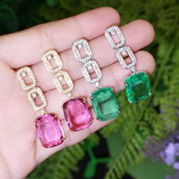 Fashion Geometry Square Red Green Cubic Zirconia Crystal Long Dangle Drop Earrings Jewellery Pendientes CZ853 210714