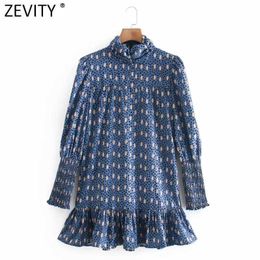 Zevity Women Vintage Turtleneck Collar Leopard Dots Print A Line Dress Female Chic Pleat Ruffles Vestido Clothes DS4982 210603