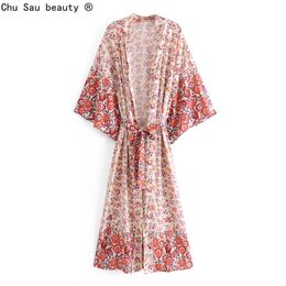 Autumn Boho Style Loose Vintage Print V Neck Lace-Up Flared Sleeve Kimono Long Dress Female Fashion Chic 210508