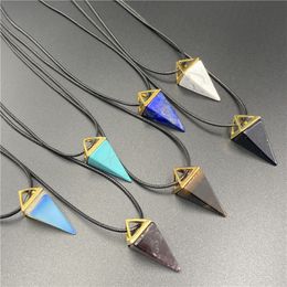 Healing Crystal Natural Stone Pendant Four Faceted Cone charms Turquoise Tiger Eye Lapsi Pink Crystal rope Chain Necklaces wholesale Christmas Jewellery gift