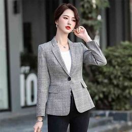 Plaid suit jacket female autumn and winter fashion temperament Slim long-sleeved all-match lady single 210416