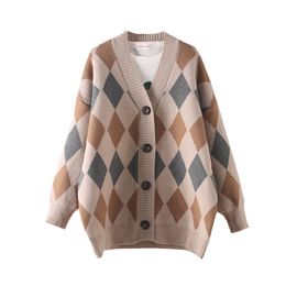 H.SA Women Winter Sweater and Cardigans V neck Button Up Thick Knit Jacket Long Argyle Jumpers Christmas Warm Coat 210417