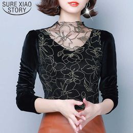 Fashion Autumn Winter Long Sleeve Mesh Lace Sexy Solid Shirts Women Splicing Floral Turtleneck Women Blouses 7693 50 210527