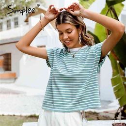 Simplee Casual women fashion striped short T-shirt summer O-neck bat sleeves t shirts High street office lady basic tops loose 210406
