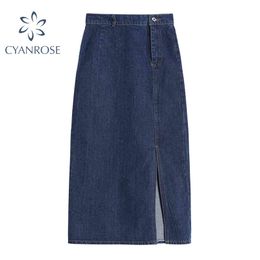 Classic Split Denim Jeans Skirt Women Summer Korean Elegants A-line Skirts Streetwear High Waist Mid-calf Length All-match Jupe 210417