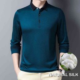 Breathable Natural Silk High Quality Polo Shirt Men Long Sleeve Turn Down Collar Neck Regular Fit Thermal Sports Shirt Pullover 210401