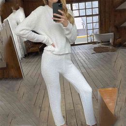 knitted fluffy two pieces women suits autumn winter long pants sets white fuzzy sweater casual 210427