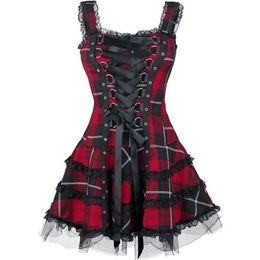 Dres Classic Volant Pizzo es Senza maniche Plaid Vintage Gothic Mini es Abiti da ballo Costume Cosplay Plus Size 210623