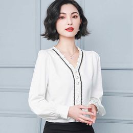 Korean Chiffon Blouses Shirt Women V-neck White Shirts Long Sleeve Blouse Tops Plus Size Woman Ruffles Beading Top 210604