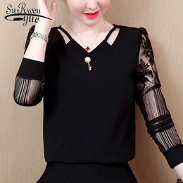 lace V neck women shirts hollowed-out chiffon blouse women's long sleeve womens tops and blouses femininas blusas 2314 50 210521
