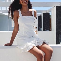 Women White Ruffles Spaghetti Strap Mini Dress Summer Sexy Backless Button Irregular Casual Boho Beach Sundress Party Dress 210416