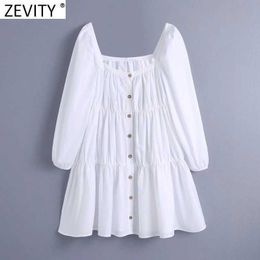 Zevity Women Vintage Square Collar Single Breasted Pleats Poplin Mini Dress Female Chic Puff Sleeve White Kimono Vestidos DS8198 210603