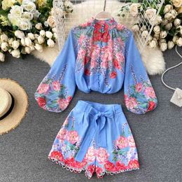 Women Fashion Vintage Long Lantern Sleeve Single Breasted Print Shirt + Wide Leg Shorts Two Piece Sets N678 210527