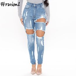 High-waist Slim-fit Denim Pants Fashion Solid Color Casual Women's Jeans Skinny Big Holes Personalized Pencil 210513