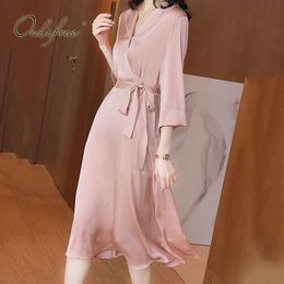 Spring Autumn Women Silk Satin Belted Tunic Shiny Elegant Party Midi Dress 210415