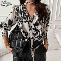 Summer Shirt Chic Lace Up Blouse Women's Spring Haltar V-neck Single Breasted Leopard Print Loose Long Sleeve 13606 210427