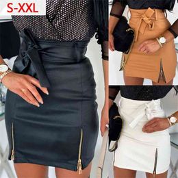 Women Skirt Black White PU Leather s Bow Bandage High Waist Pencil Zipper Mini Sexy Autumn Winter 210513