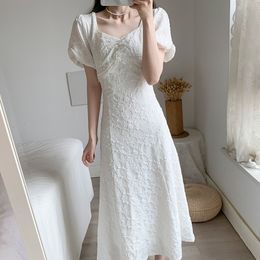 Elegante Doce Doce Vestido Retro Mulheres Branco Beading Quadrado Collar Slim Cintura Vestido De Festa Para Fêmeas Verão Estilo Coreano 210518