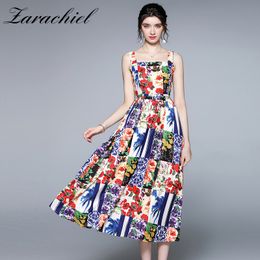 Vintage Womens Spaghetti Strap Backless High Waist Flower Print Blue Colour Plain Pleated Long Summer Boho Beach Dress 210416