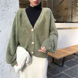 Mink Cashmere Spring V-neck Sweater Knit Cardigan Button Jacket Female Suit Office Lady 210427