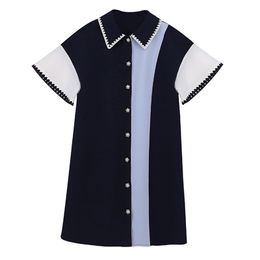 Navy Blue Patchwork Turn Down Collar Button Flare Short Sleeve Mini Dress Casual Loose Summer Women Female D1655 210514