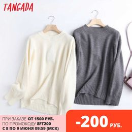 Tangada Women Fashion Elegant Beige Knitted Sweater Jumper O Neck Female Oversize Pullovers Chic Tops 6D24 210609
