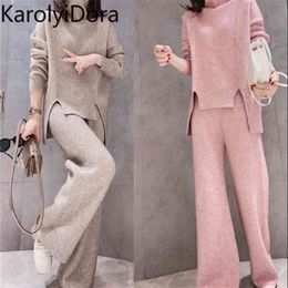 Women's suit Winter Women Sets Loose Sweater Long Sleeve Cardigan And Full Length Pants Elastic Waist Trousers Female 210520