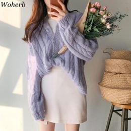 Korean Women Cardigans Sweater Candy Colour Solid Loose Knitwear Twist sweater coat Casual Knit Cardigan Outwear Pull 210519