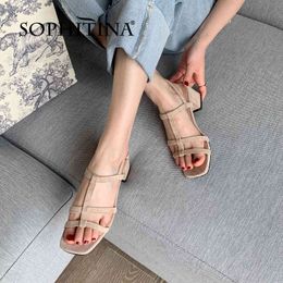 SOPHITINA Women Shoes T-Strap Square Heel Square Toe Concise High Quality Sexy Stylish Buckle Daily Sandals Summer FO325 210513