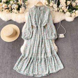 Singreiny Vintage Bahar Puf Kollu Elbise Kadın O Boyun Bir Çizgi Fırfır Elbise Kore Casual Tatil Çiçek Baskı Elbise 210419