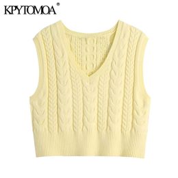 Women Sweet Fashion Cropped Cable-Knit Sweater V Neck Sleeveless Female Waistcoat Chic Tops 210420