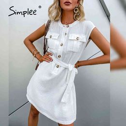 Casual White Cotton Sleeveless Dress Elegant Summer Buttoned Lace-up Dresses Office Ladies O-neck A-line Vestidos 210414