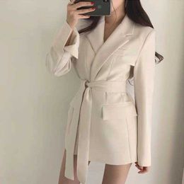 Spring and Autumn Casual Women's Blazer Jacket Temperament loose no button belt long suit female Korean ladies jacket 210527